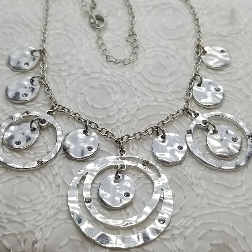 Necklace Circle Drops Silver Multiple Chain Necklace